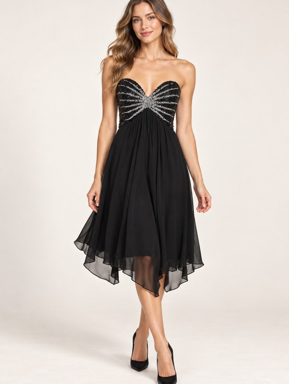 Vintage Scala Black 100% Silk Beaded Sequin Strapless Dress Size 6